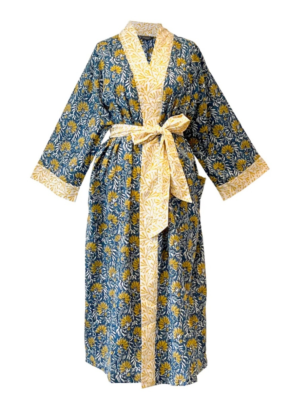 NWT Lime Tree Design Full Length Cotton Kimono Jaipur Blue & Yellow - Picture 8 of 11